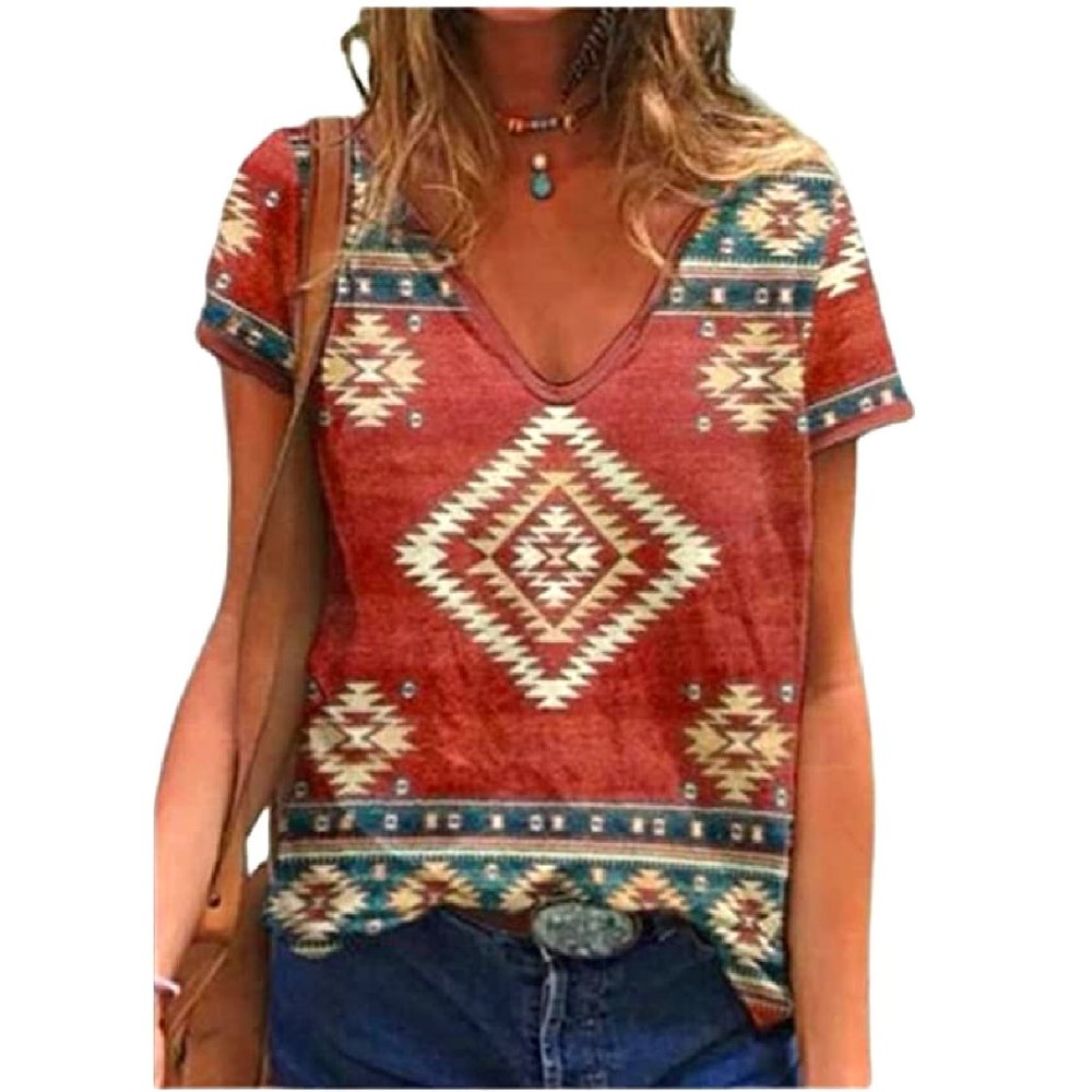 Women's Aztec Tribal Southwestern Short Sleeve Graphic Print T-Shirt Sz 2XL